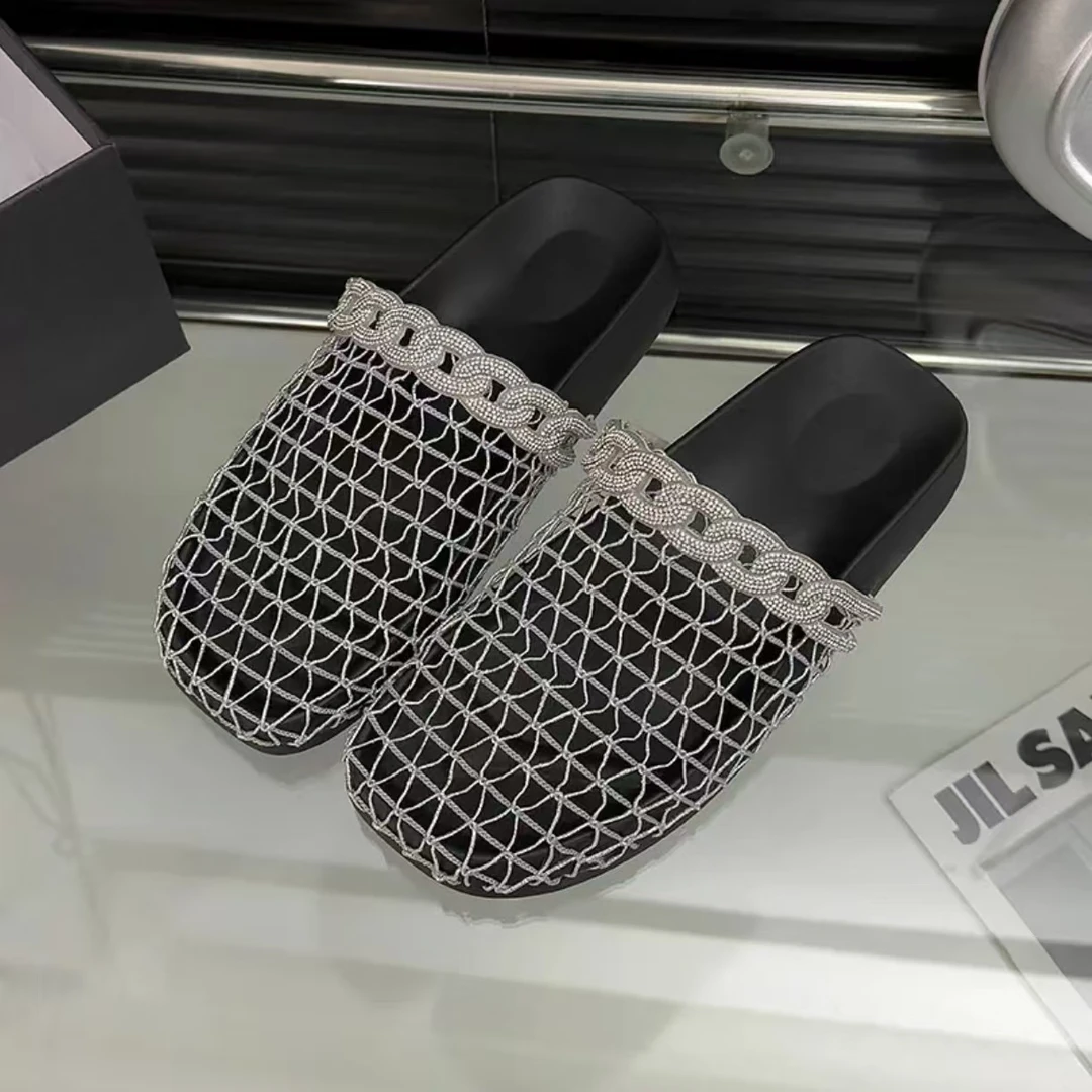 261-9网面编织拖鞋女百搭休闲水钻半拖