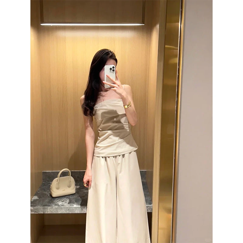 2025夏季韩系氛围感显瘦修身穿搭吊带上衣休闲直筒时尚宽松长裤女