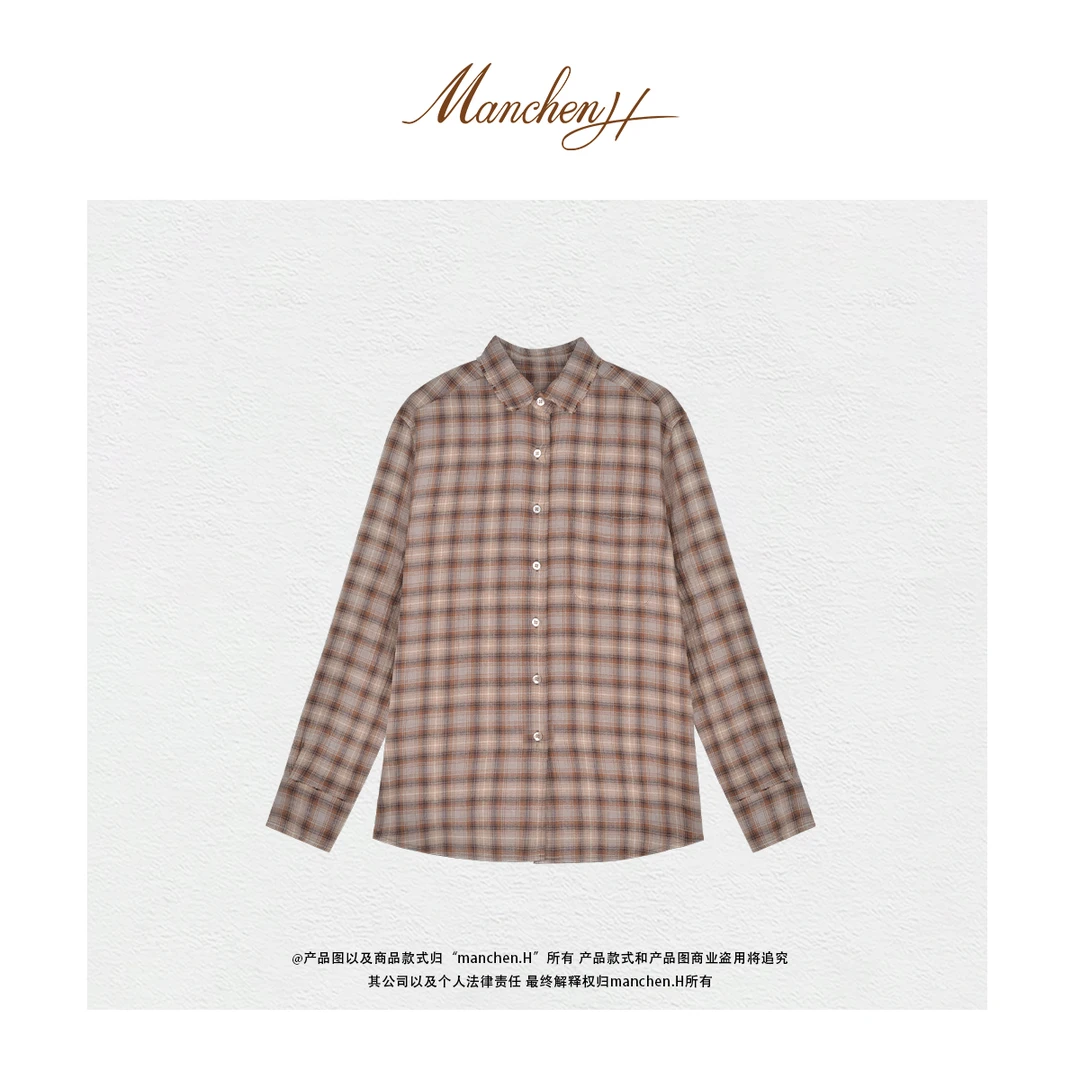 曼辰manchenh"摩卡方界"进口面料木棉羊毛色织格子气质衬衫