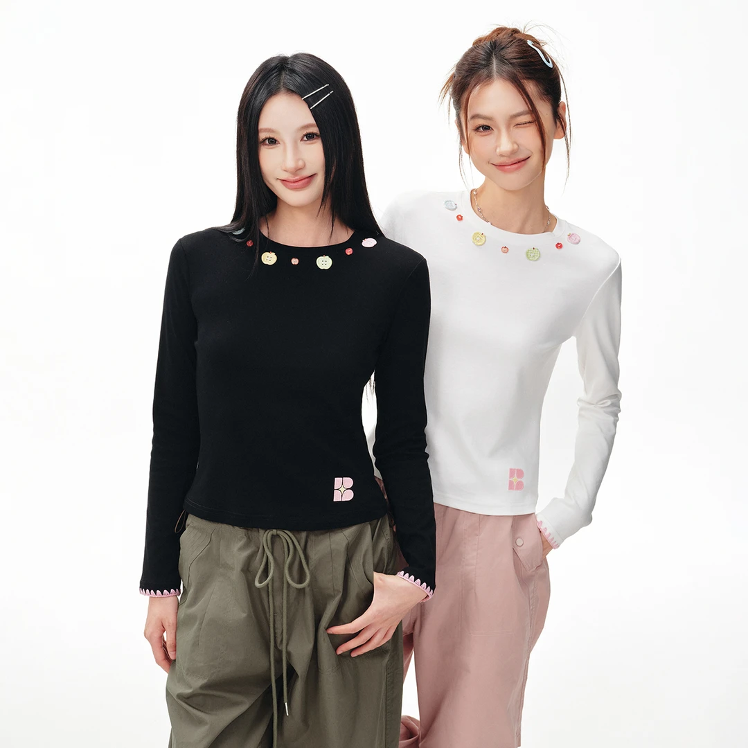 BIPOLAR苹果纽扣修身女款百搭休闲潮流长袖T恤 11L161