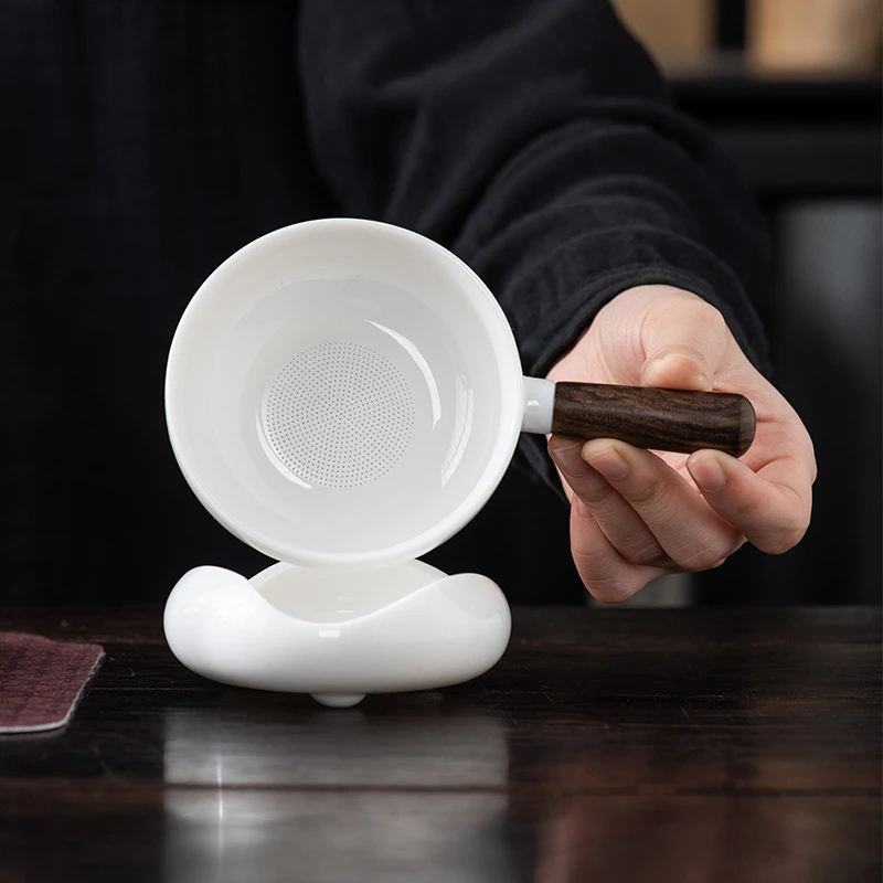 高档百孔羊脂玉瓷茶漏木侧把轻奢一体茶叶过滤器家用中式陶瓷茶具