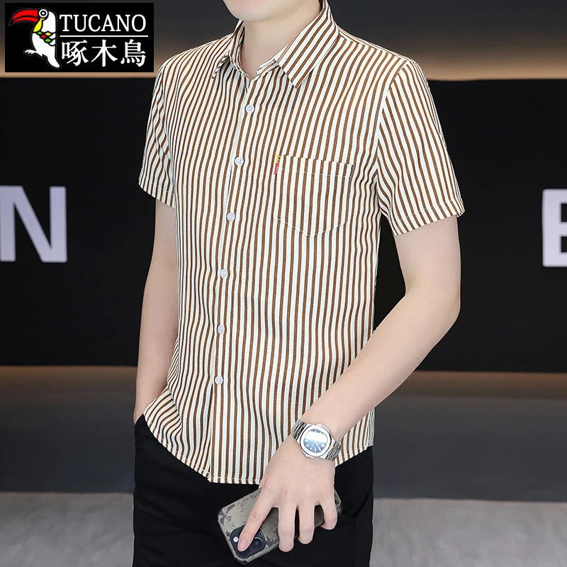 啄木鳥 男士短袖衬衫夏季薄款竖条纹衬衣休闲百搭带口袋上衣服男