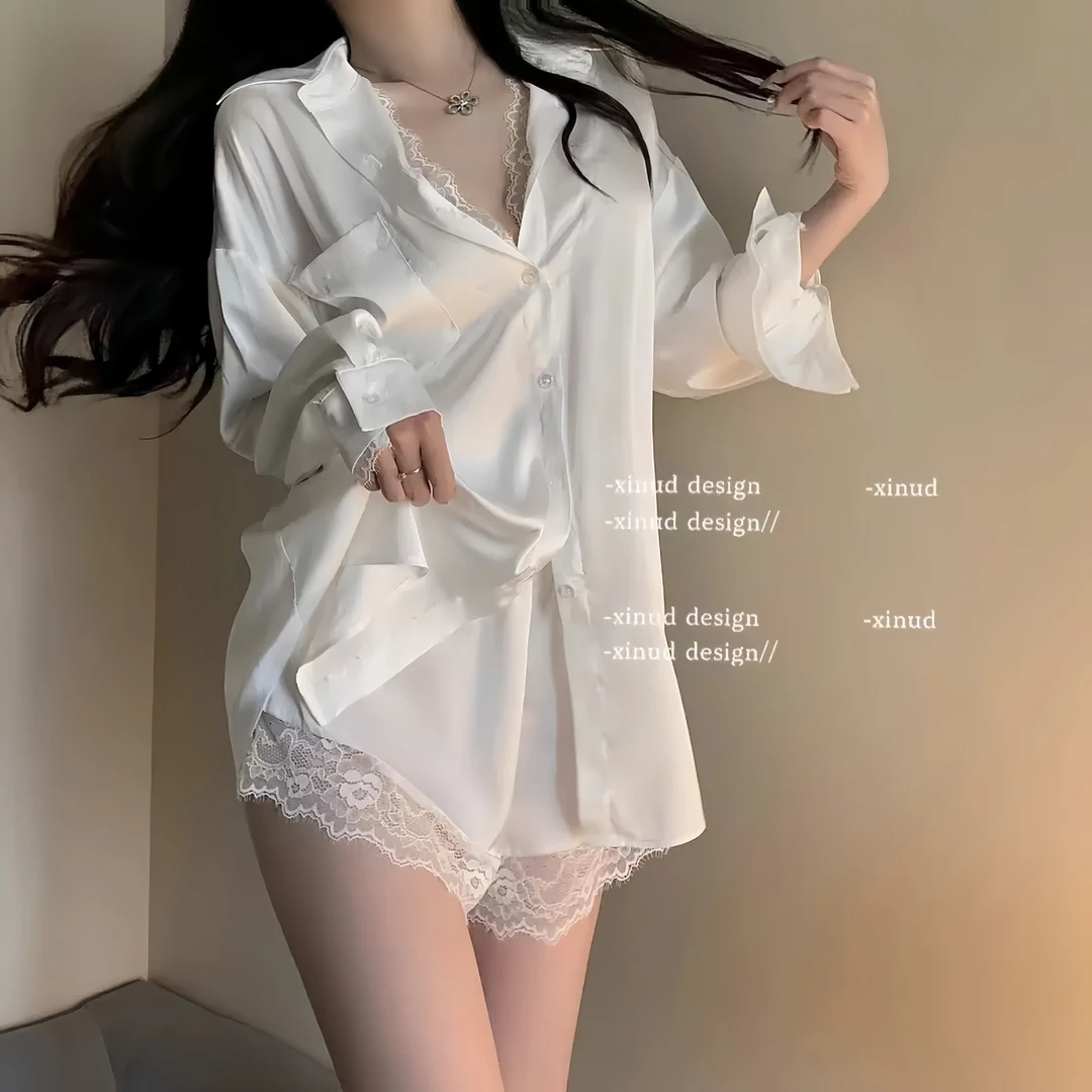 醉窖男友风衬衫冰丝性感大码睡衣纯欲女蕾丝缎面假两件睡裙家居服