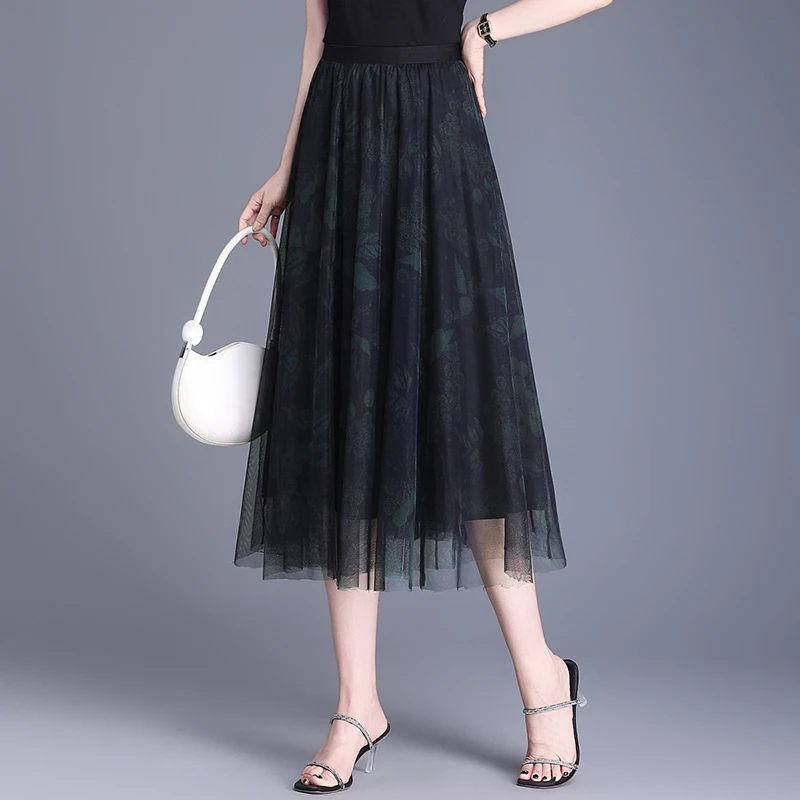印花松紧腰网纱半身裙女夏2025新款高腰垂感a字纱裙中长款百褶裙