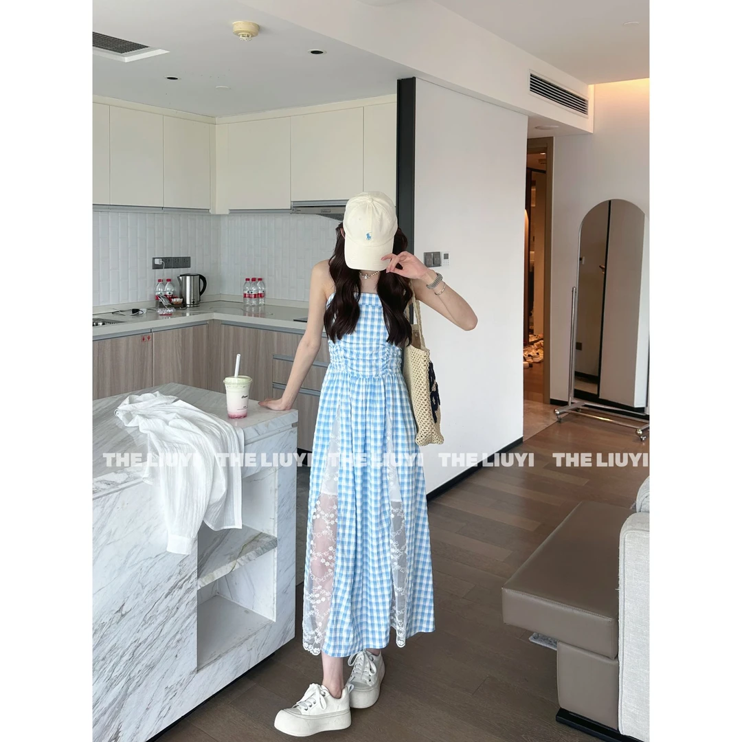【LIUYI】海盐泡泡~夏季度假风撞色格纹拼接蕾丝吊带裙54081