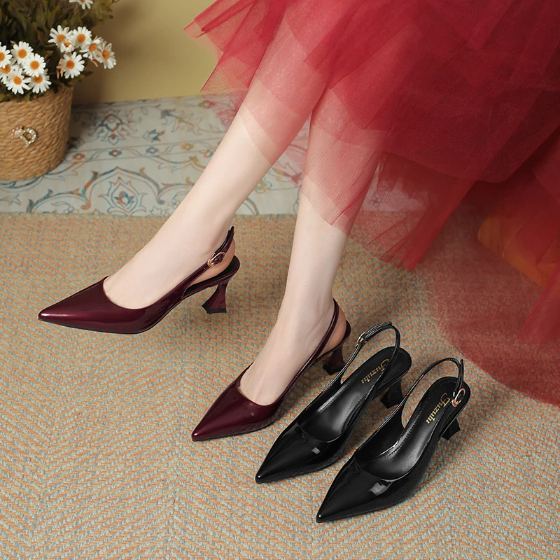 酒红色女2025夏季新款亮面细跟御姐气质一字带凉鞋外穿8362-B25