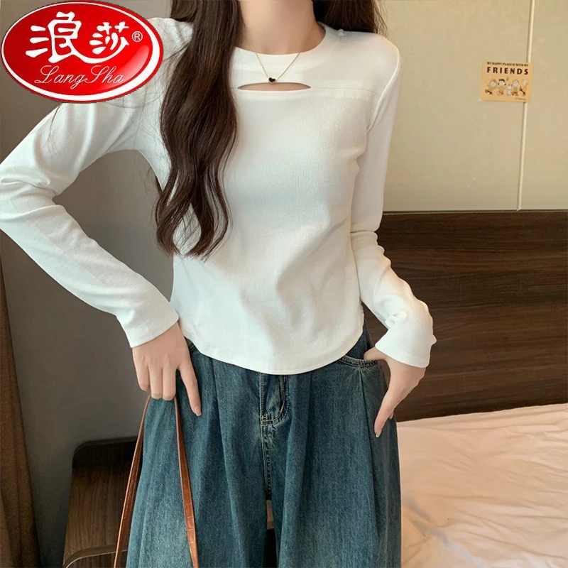 浪莎胖MM女装2025弧形遮肚白色t恤宽松大码韩版纯欲风镂空上衣潮