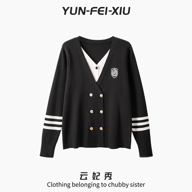 云妃秀大码女装针织衫百搭撞色拼接假两件微胖上衣显瘦春季69270