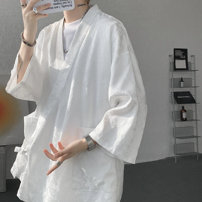 新中式斜襟绑带冰丝开衫男士大码宽松汉服夏季中国风提花唐装外套