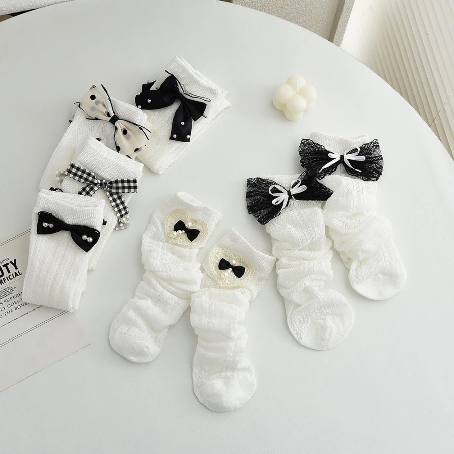 HHkids韩版2025儿童春简约小众蝴蝶结甜美miu系网眼堆堆袜EWZ000