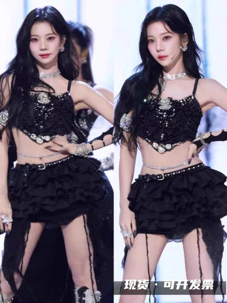 新款张紫宁同款黑色Kpop水钻重工酒吧辣妹舞台DJ打碟演出打歌服