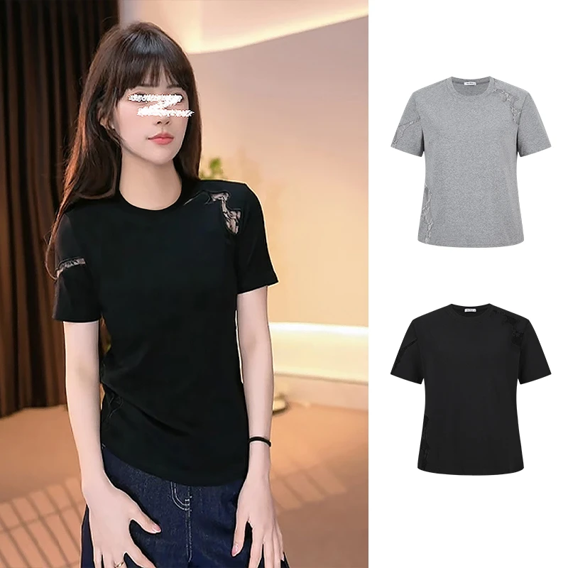 Moses Queen/魔西女王夏季新款蕾丝镂空设计短袖T女修身显瘦上衣