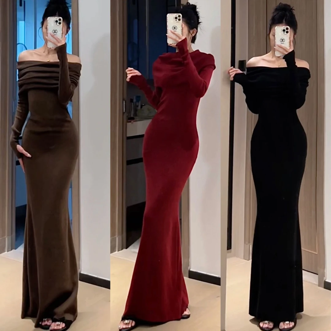 秋季针织性感包臀裙长袖纯欲风高腰连衣裙一字肩翻领气质初恋风