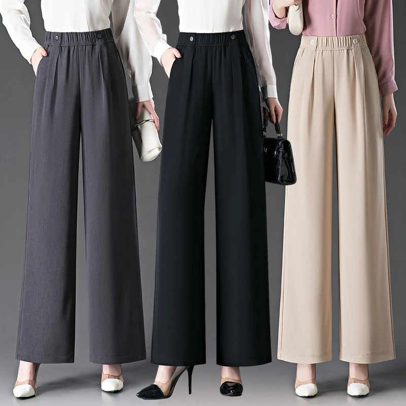 松紧腰针织阔腿裤女2025春秋新款高腰显瘦宽松中年妈妈休闲直筒裤