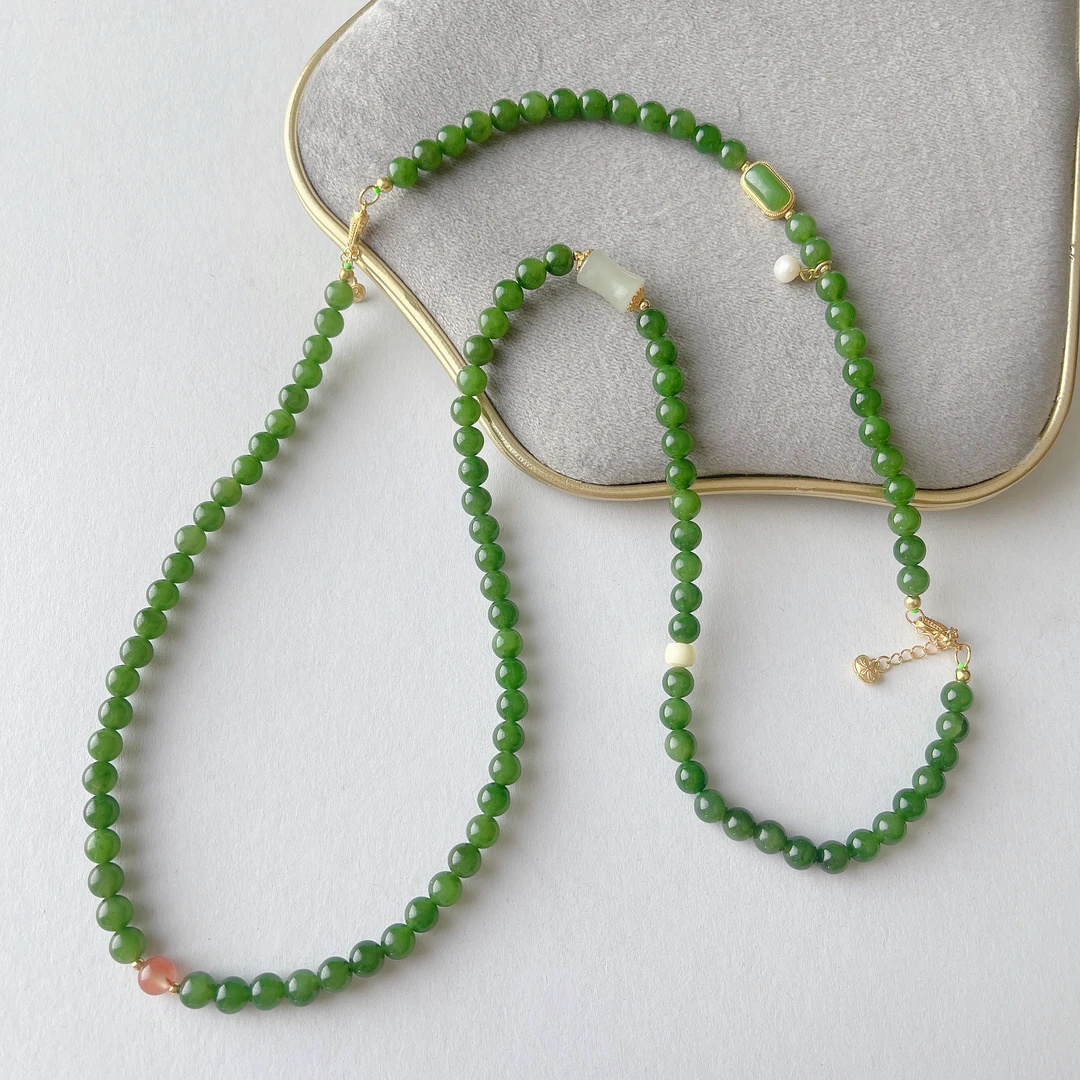 晶雁±6mm和田玉碧玉项链108颗手工气质时尚百搭绿色小米珠长链