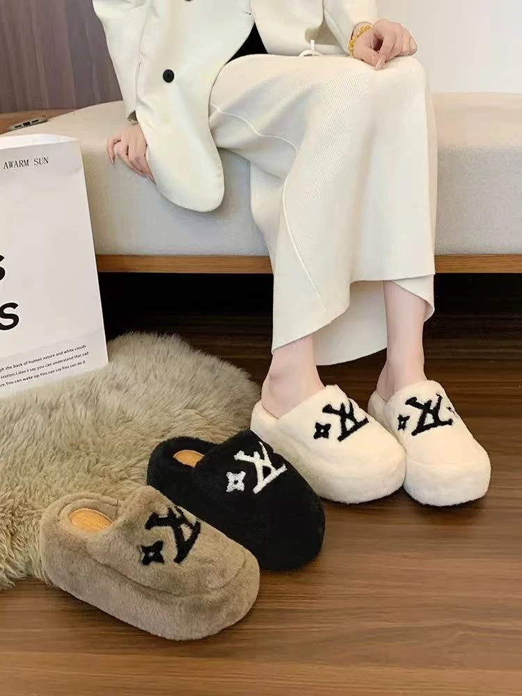 女包头款防水台修面皮韩版棉拖鞋毛绒毛毛鞋包头拖