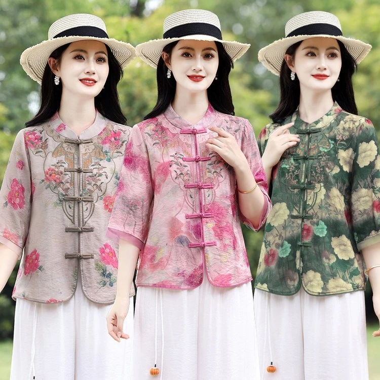 立领纽扣开门襟夏季吸汗刺绣衬衫复古时尚女装气质短款修身