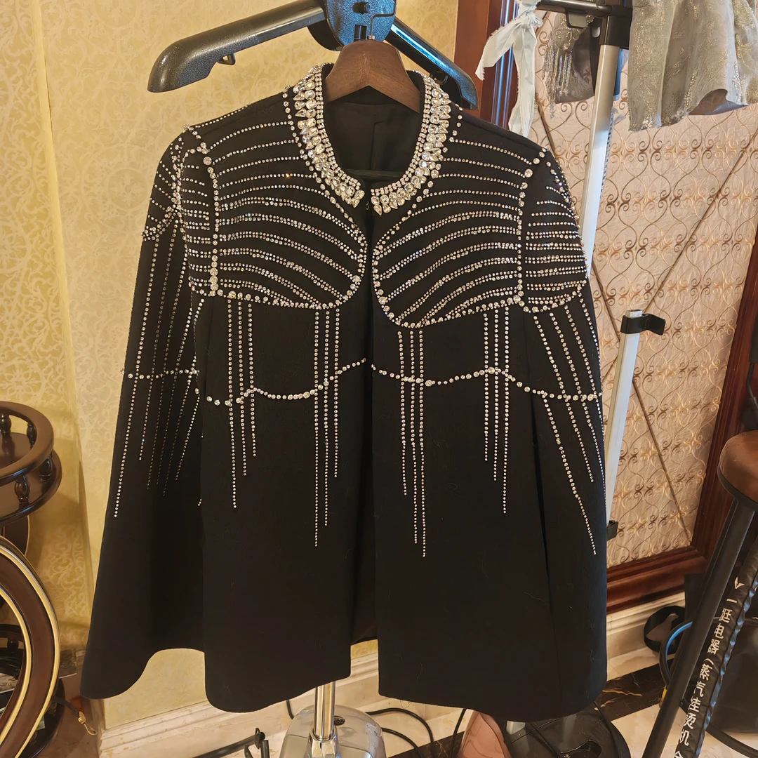 魏元高定/轻奢黑色秋冬重工串珠女厚款羊毛斗篷-1080