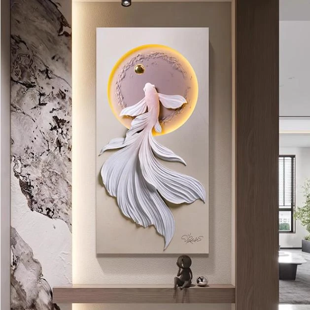 倪鸿幸运锦鲤双福临门砂岩肌理装饰画挂画玄关过道入户处氛围感