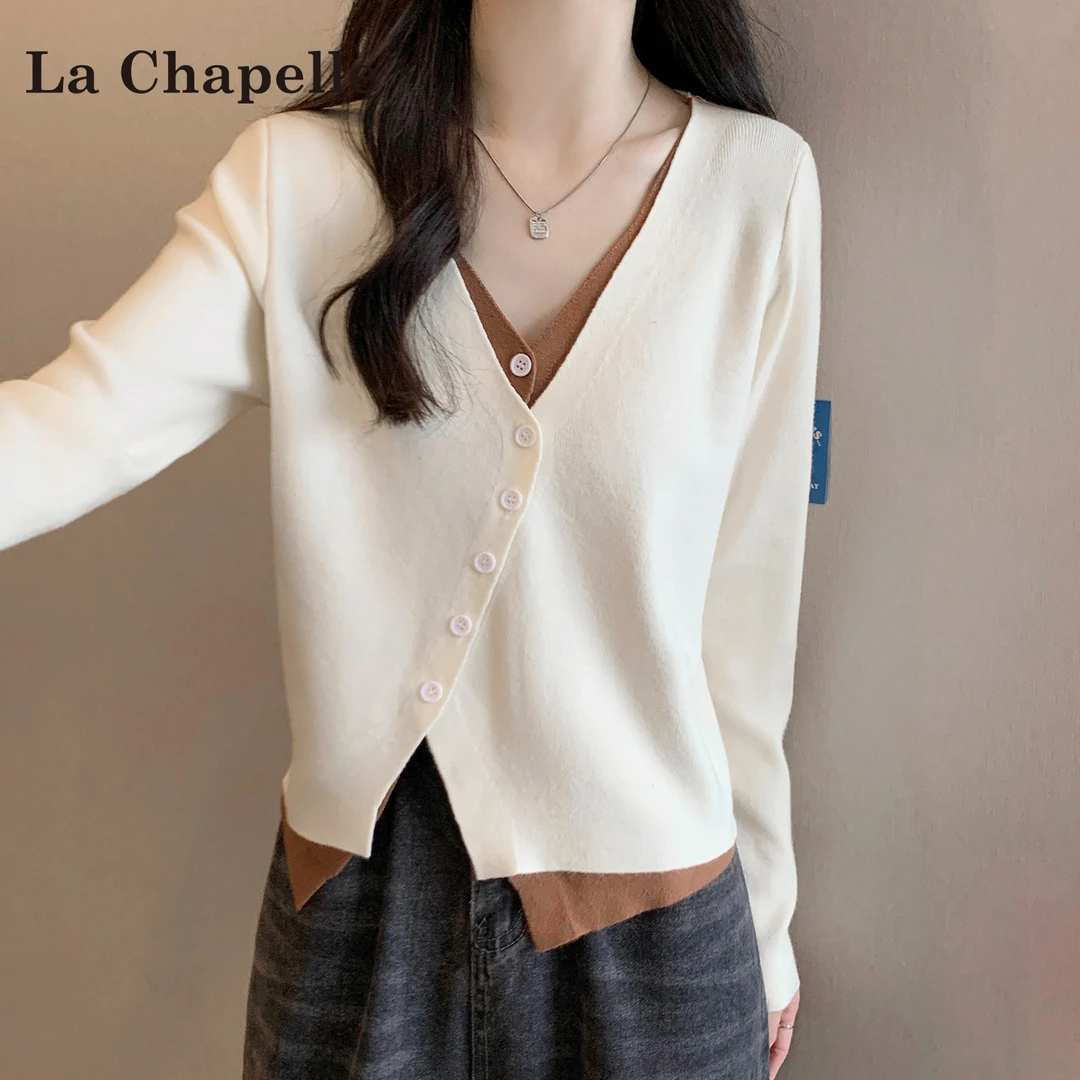 拉夏贝尔高级感纯欲针织开衫女2025秋冬新款假两件不规则纽扣上衣