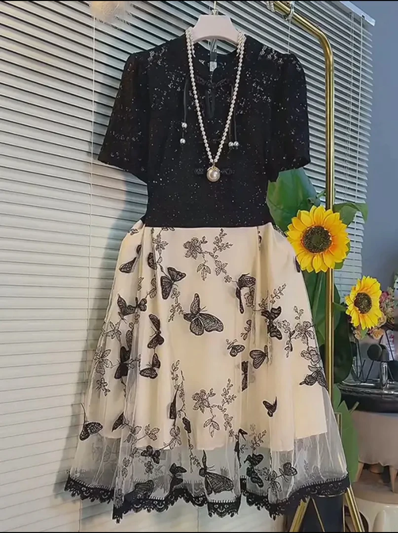 【晴儿家】夏季新款中国风泼墨风蕾丝短袖V领中长裙大码连衣裙605