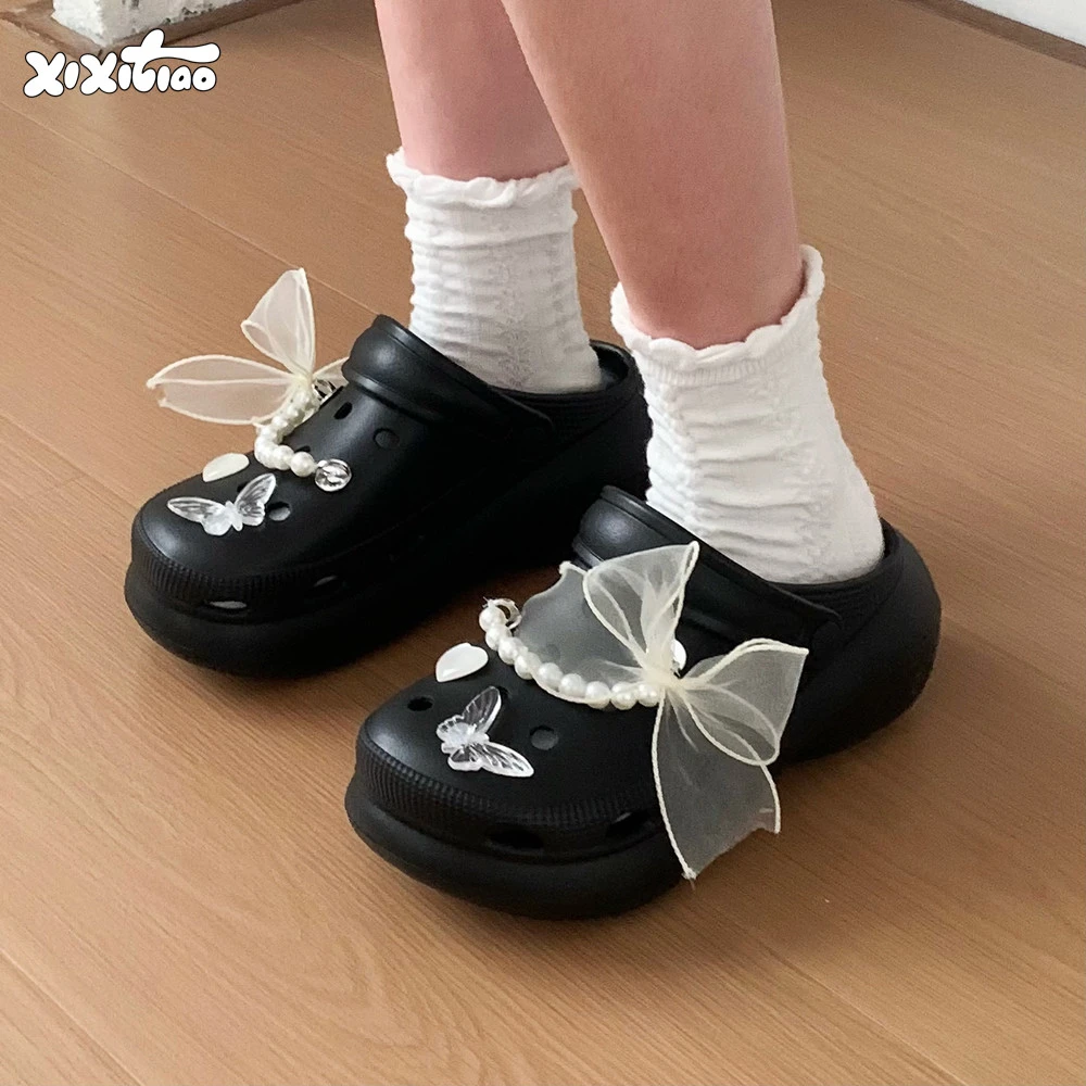 细细条 仙女风蝴蝶珍珠链沙滩凉鞋厚底百搭两穿夏季网红洞洞鞋女