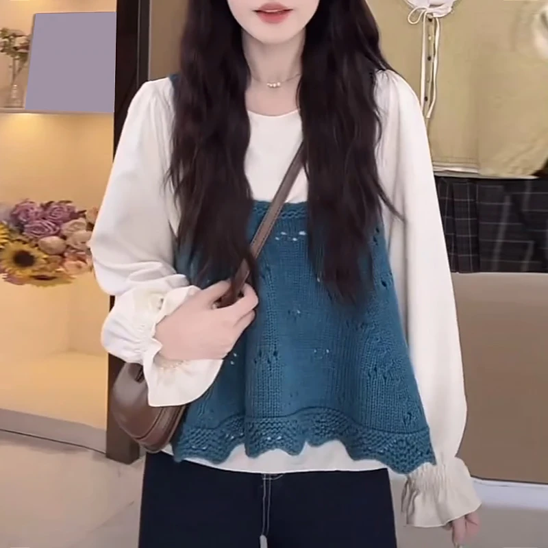 甜美长袖衬衫叠穿针织吊带背心女2025秋季新款韩系氛围感穿搭上衣