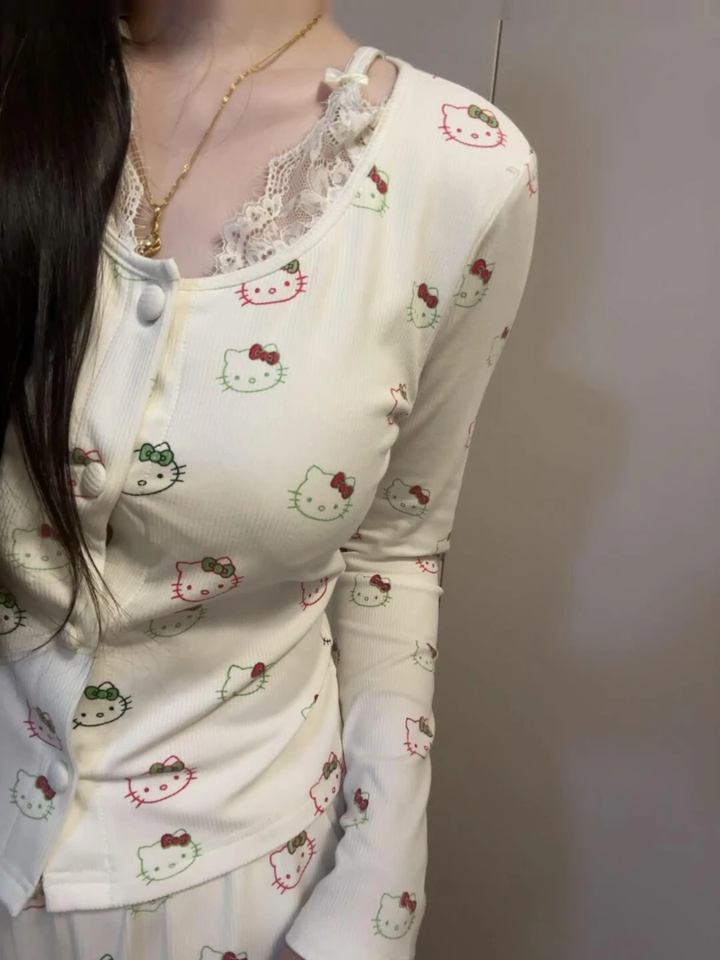 卡通凯蒂猫蕾丝花边睡衣春秋款女长袖长裤带胸垫家居服外穿两件套