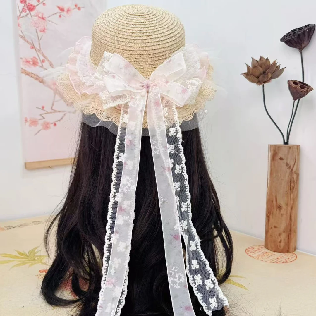 多芙原创lolita手工蕾丝蝴蝶结飘带草帽女夏季森系遮阳帽子