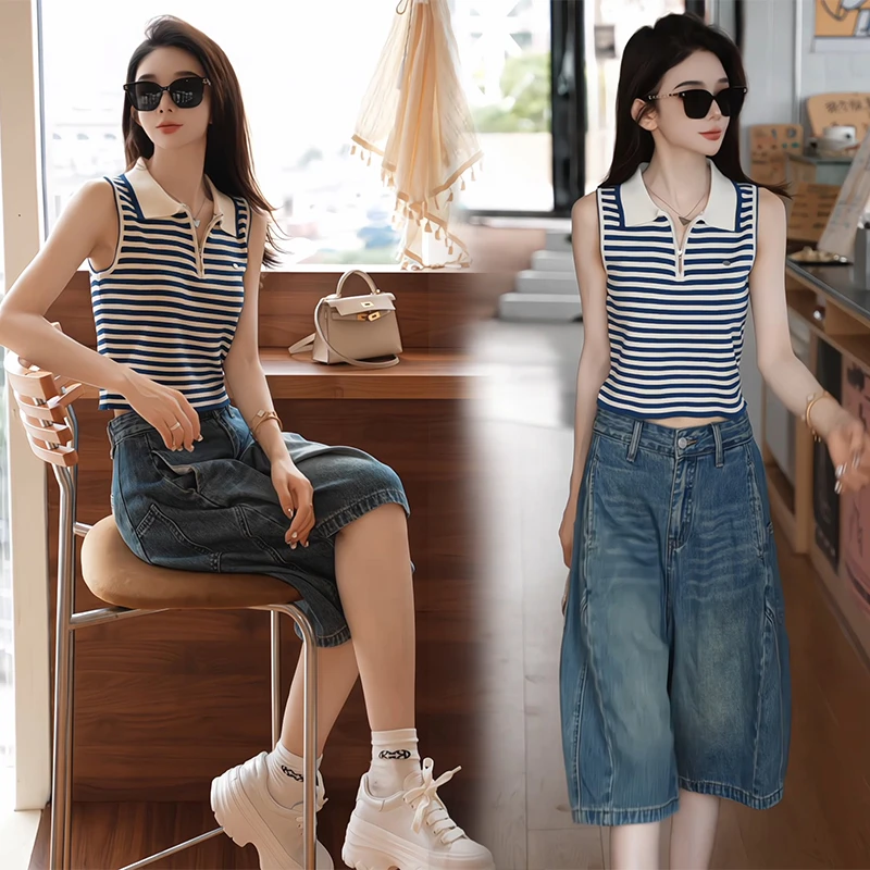 盐系显瘦穿搭2025夏季个性条纹无袖针织衫上衣牛仔六分裤两件套装