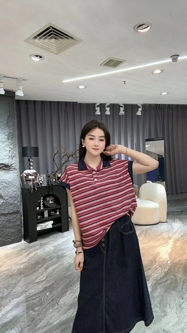 （U）477韩系撞色翻领条纹短袖T恤夏季新款简约时尚百搭上衣