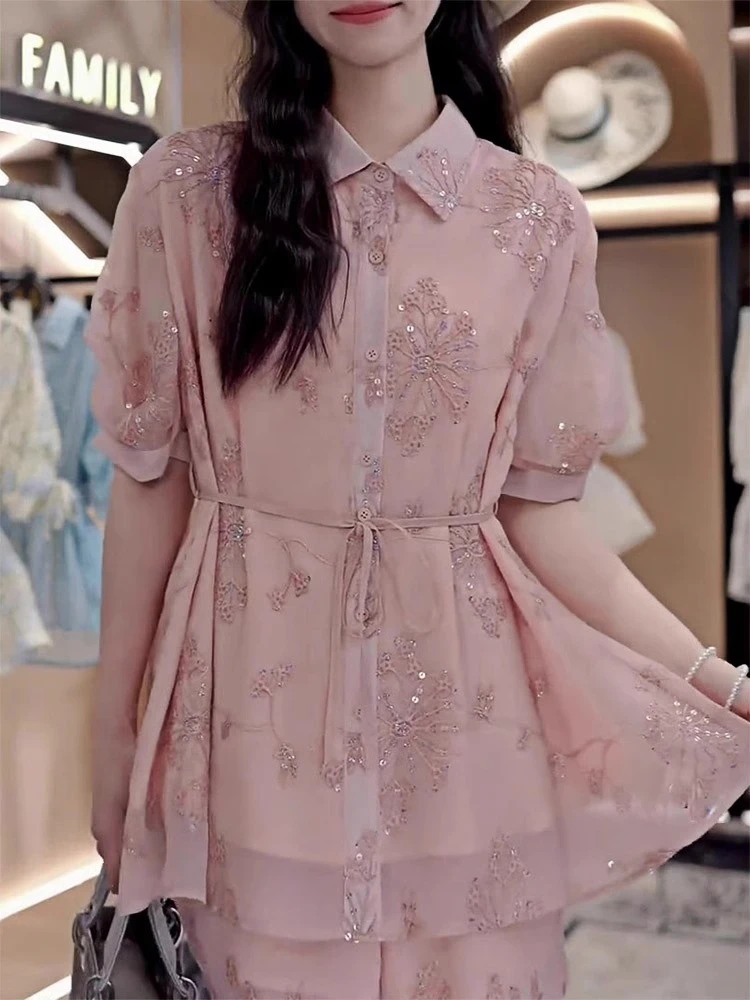 夏日绝美套装女2025夏季新款法式重工刺绣显瘦衬衫高腰短裤两件套