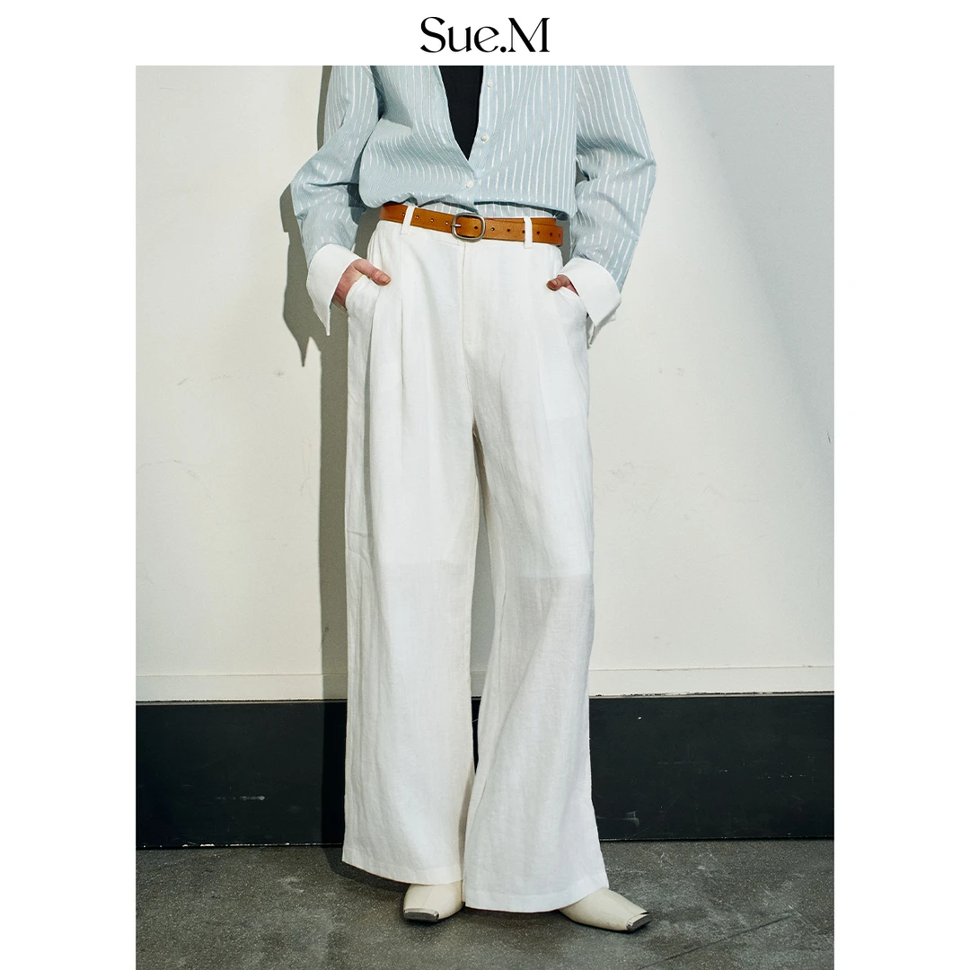 Sue.M进口亚麻西裤白色阔腿裤裤子宽松显瘦直筒休闲长裤西装裤