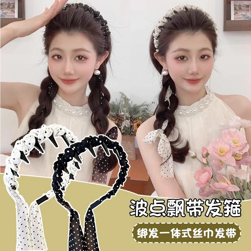 波点飘带发箍编发一体式头箍日常外戴2025新款编发碎发丝巾绑发带