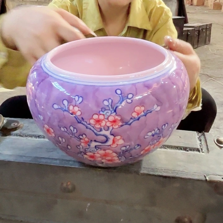 摆件景德镇高温陶瓷红梅缸