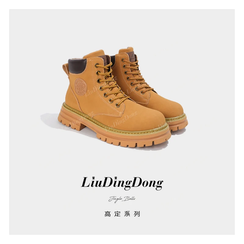 【刘叮咚女鞋】真皮加绒新款马丁靴厚底英伦风圆头系带大黄蜂短靴