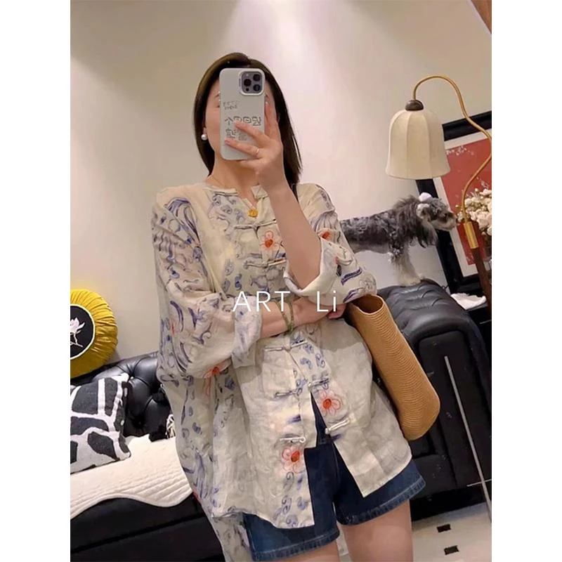 哥弟阿玛施正品新中式改良唐装国风衬衫女夏季薄款复古印花盘扣棉
