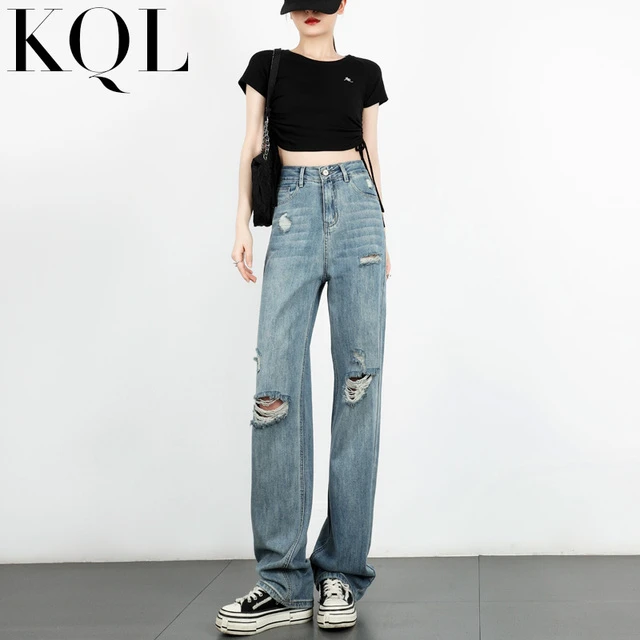 覆古蓝色高腰破洞直筒牛仔裤女夏季薄款宽松阔腿裤显瘦加长拖地裤