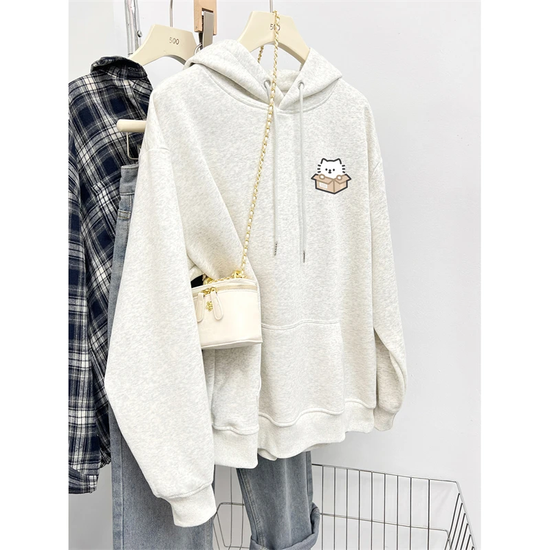 白灰色连帽卫衣女秋冬2025年新款重磅加绒加厚宽松大码慵懒风外套