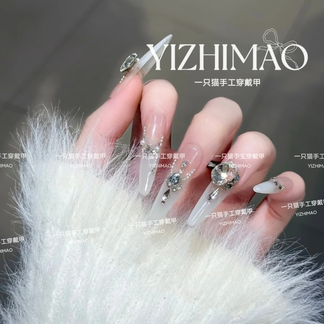 【奢白维纳斯】千金风冰透月光石渐变精品晕染美甲纯手工穿戴甲贴片
