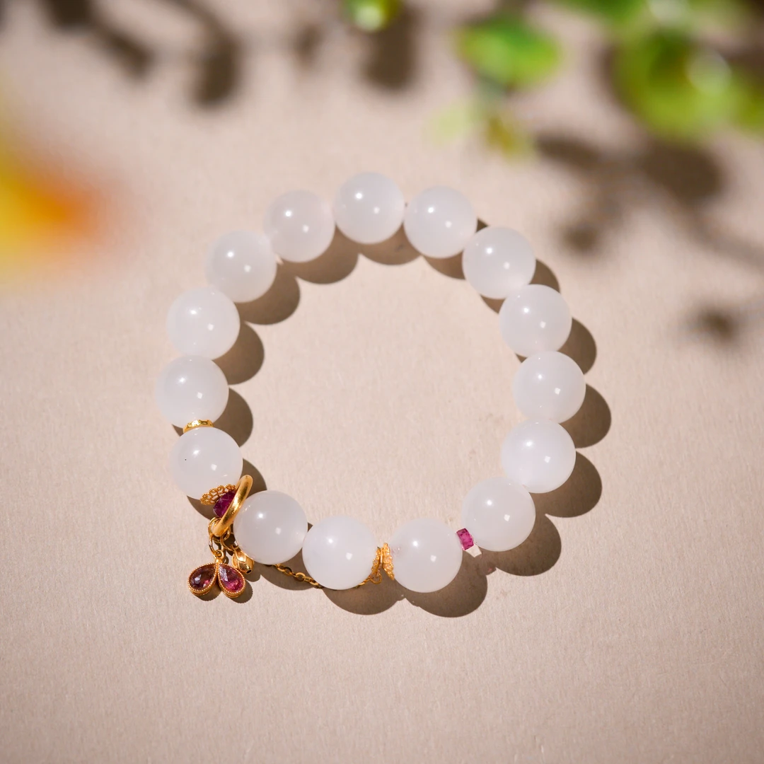 桃之夭夭·传世级和田玉老熟冰猫粉18K金手串AS1410珠径约12mm