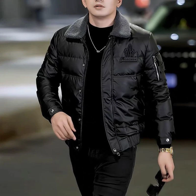 欧洲站保暖棉衣男冬季轻奢潮牌纯色翻领棉服修身大码休闲丝棉外套