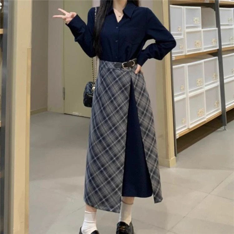 大码复古长袖假两件衬衫连衣裙女装秋季2024新款胖收腰显瘦裙子