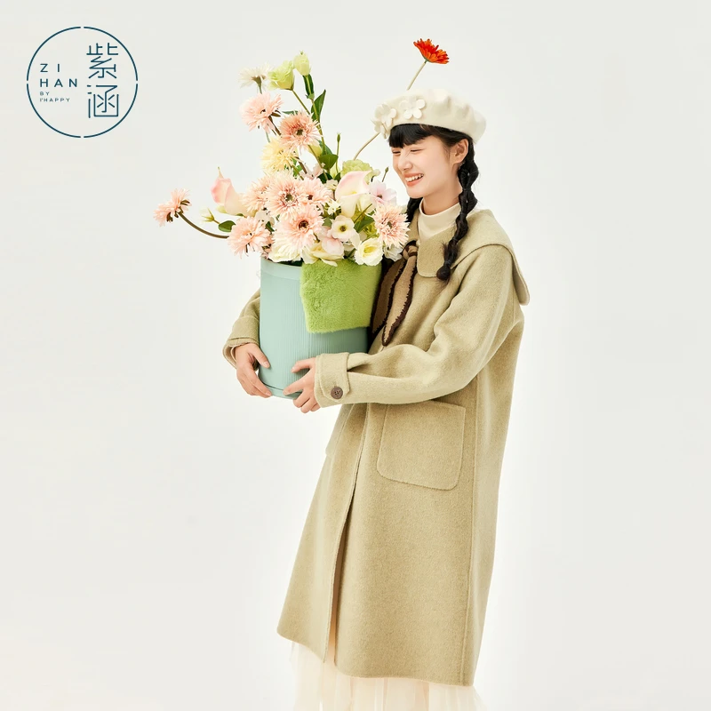 紫涵大翻领双面羊毛呢大衣女冬季新款纯色长款呢外套Z3Z11AS321
