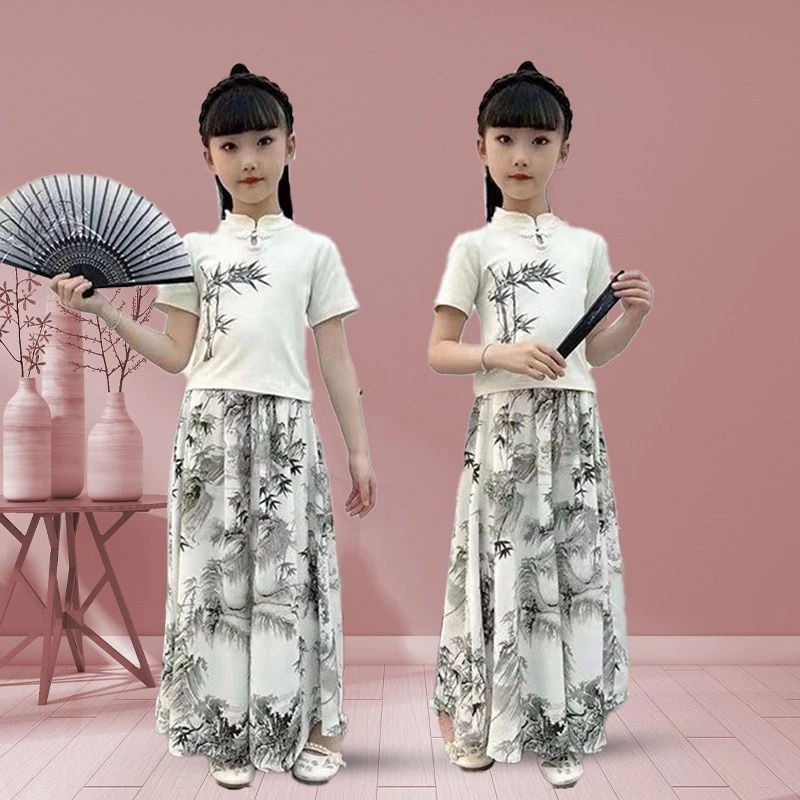 女童国风套装夏季2025新款杏色新中式裙裤短袖两件套汉服儿童女孩
