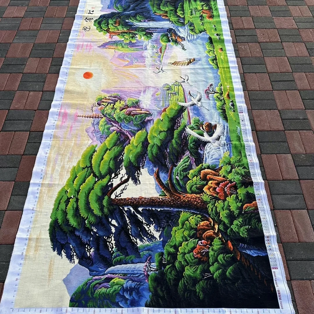 （国货）纯手工十字绣成品迎客松仙鹤版客厅山水风景挂画300×150