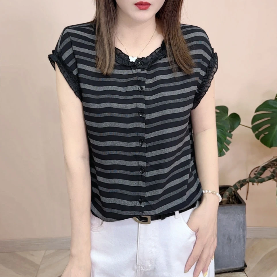 2025夏季新品时尚百搭荷叶边薄款冰爽小衫幕式女士短袖上衣8047