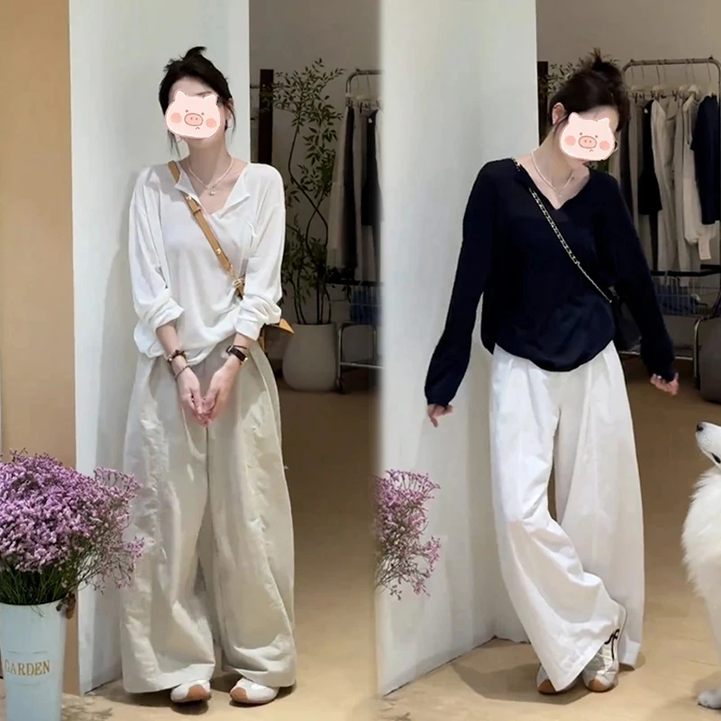 早秋穿搭一整套2025秋季新款时尚百搭v领上衣+高腰休闲裤两件套女