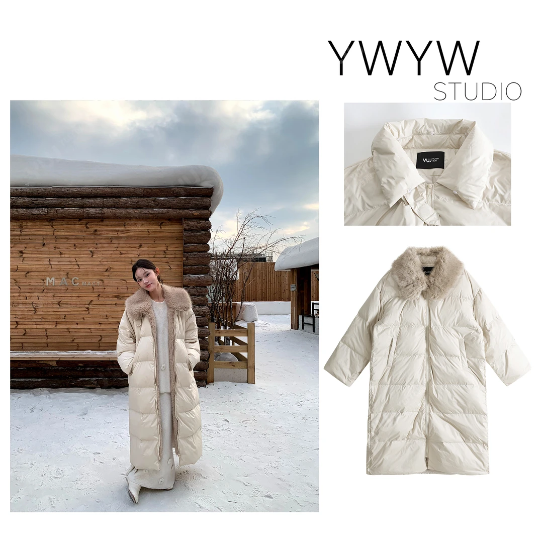 冬季防风磁吸扣领可拆卸拼接毛领长款连帽保暖羽绒服5991