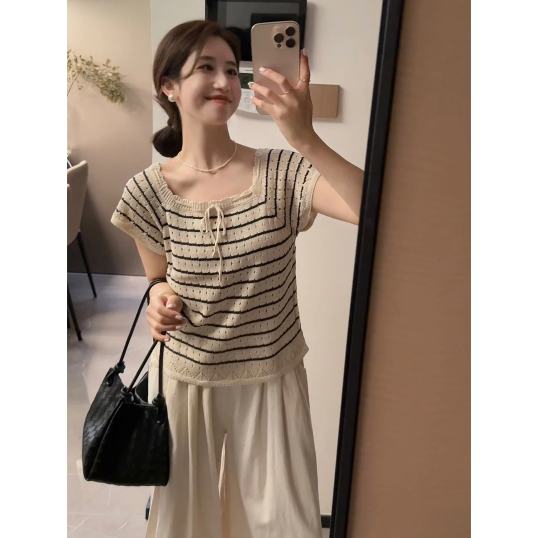 【条纹定律】韩系甜美条纹针织衫小众短袖上衣